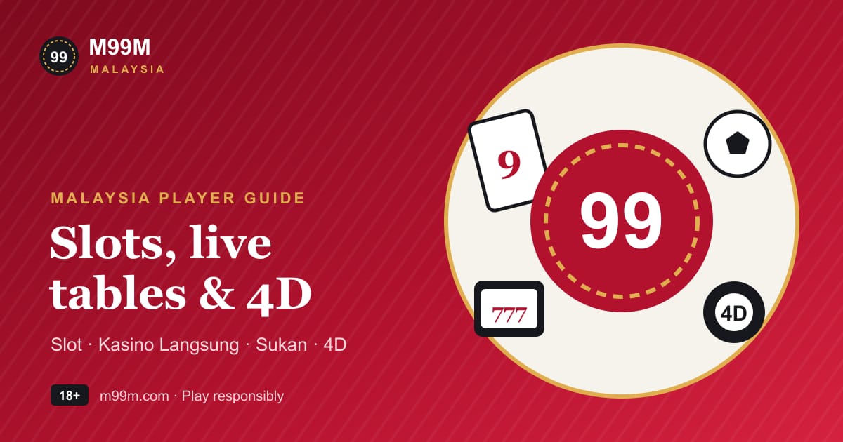 M99M Malaysia illustration with slot reels, a baccarat card, a football and a 4D ticket on a crimson background